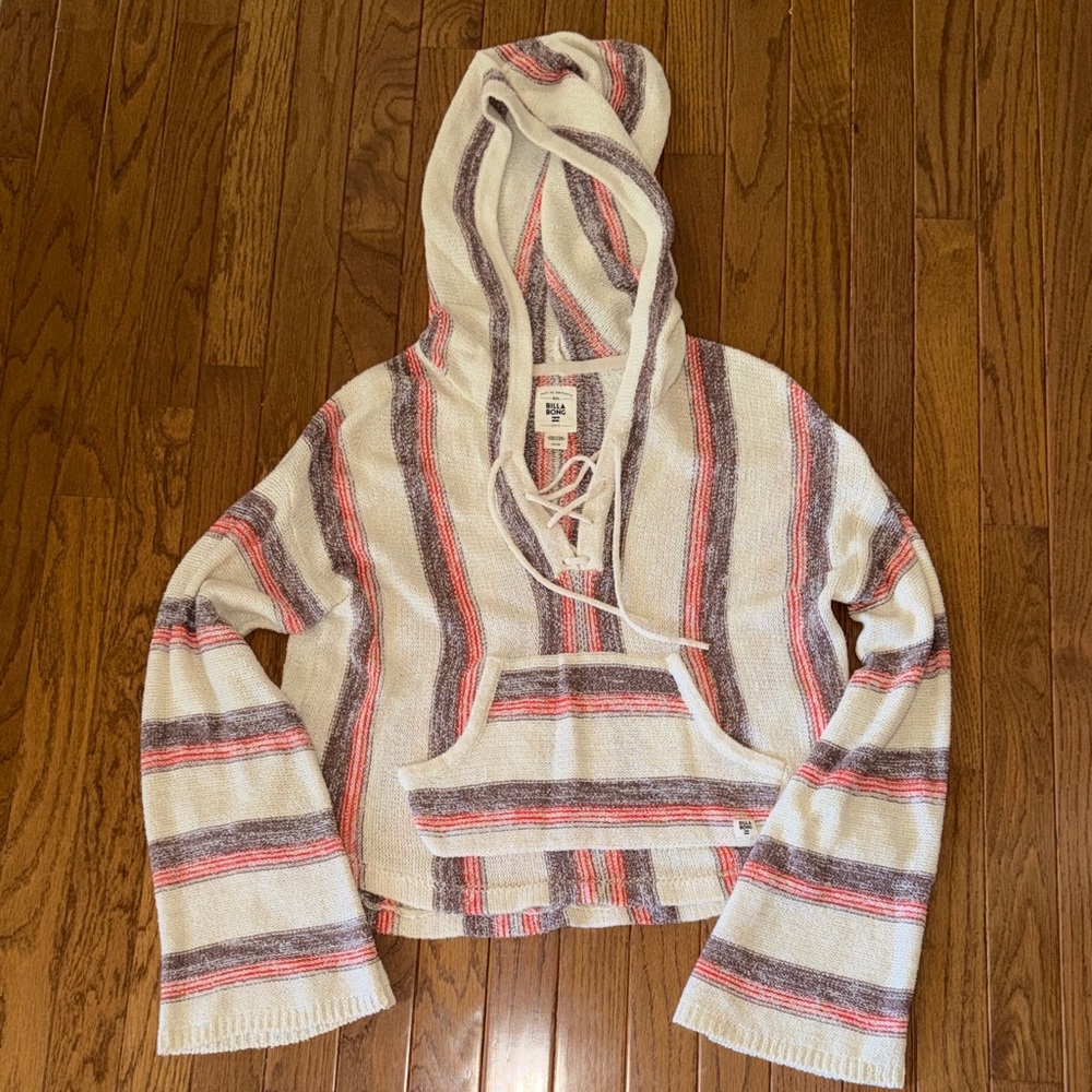 Billabong Cream Hoodie Sweater with Pink and Gray Stripes
